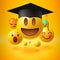 Emoticons in graduation hat. Educational resources, online learning courses, distance education, university degree