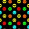 Emoticons smile faces vector seamless pattern. Different emoji icons in pixel art on black background. Cool in sunglasses, broodin