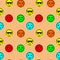 Emoticons smiley faces vector seamless pattern. Various emoji icons in pixel art on orange background. Cool in sunglasses, broodin