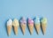 Emotion cartooning of colorful sweet ice cream cone isolated on blue pastel background ,holiday and relax concept