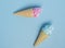 Emotion cartooning of colorful sweet ice cream cone isolated on blue pastel background ,holiday and relax concept