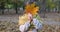 Emotion of happiness, female child covers her face with maple yellow leaf and smiling into the camera on nature in