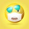 The emotion of surprise. Emoji emoticon with medical mask and sunglasses on face. Opened mouth painted on mask.