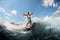 Emotional adult guy actively ride on the waves on surfboard against blue sky