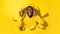 Emotional black man listening music in headphones and singing favourite song, peeking out hole on yellow background