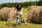 Emotional brunette cycling on the field