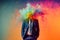 Emotional burnout of an office worker. Head explosion concept with different colors and colorful smoke