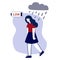 Emotional burnout Woman walks down the street it pours rain from a cloud on her