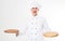 Emotional chef with empty pizza desk in hands,tasty food concept