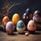 emotional colorful eggs on a wooden table.