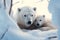 Emotional connection polar bear mother and cub cuddle in snowy den