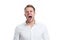 Emotional explosion. Man shouting face formal shirt white background. Man scream or yawn keep eyes closed. Guy with