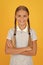 Emotional intelligence describes ability monitor your own emotions. Smiling girl. Adorable schoolgirl yellow background