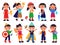 Emotional kids. Kawaii children emotion, cute kindergarten boys and girls expression. Cartoon child with tiny friends