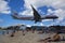 emotional low landing of plane over Maho beach, Saint Martin , Caribbean islands