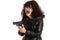 Emotional mature adult woman with a gun in hand