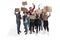 Emotional multicultural group of people screaming while holding blank placards on white