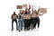 Emotional multicultural group of people screaming while holding blank placards on white