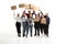 Emotional multicultural group of people screaming while holding blank placards on white