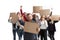 Emotional multicultural group of people screaming while holding blank placards on white