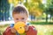 Emotional portrait of a happy and cheerful little boy laughing. yellow flying maple leaves while walking in the autumn park. Happy