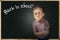 Emotional pupil boy near chalkboard