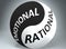 Emotional and rational in balance - pictured as words Emotional, rational and yin yang symbol, to show harmony between Emotional