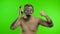 Emotional shirtless man tourist in underwater mask on chroma key background