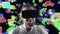 Emotional smile happy man wearing virtual reality goggles. VR headset. Within virtual space cubes black
