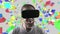 Emotional smile happy man wearing virtual reality goggles. VR headset. Within virtual space cubes white