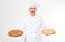 Emotional smiling male chef with blank pizza desk in hand,tasty food concept