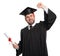 Emotional student with graduation hat and diploma on white background