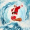 Emotional thrilled Santa Clause surfing on huge wave in ocean or sea. Design for greeting card. Exotic tropical winter