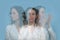 Emotional triple exposure portrait of a woman, facing three different directions