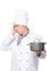 Emotional upset unsuccessful dish cook in a pot on a white