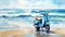 Emotional Watercolor Painting Of A Blue Moped On A Beach