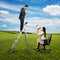 Emotional woman with megaphone sitting