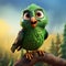 Emotionally Charged Green Bird On Branch: Epic Action-packed Cartoons