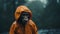 Emotionally Complex Chimpanzee In Orange Raincoat A Documentary Travel Photography