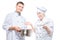 emotions of chefs portrait with a pan of soup on a white