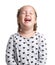Emotions. The little girl laughs hard. White isolated background