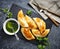 Empanadas with chimichurri sauce. Traditional Latin American cuisine.