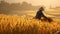 Empathetic Depiction Of Rural Life: Asian Man In Wheat Field At Sunset