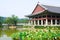 Emperor palace in Seoul. Lake and boat