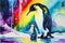 Emperor Penguin and baby chick rainbow Aurora Borealis Northern lights