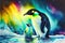 Emperor Penguin and baby chick rainbow Aurora Borealis Northern lights