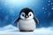 Emperor penguin chick on snowy arctic blue background. Cute polar animal. Christmas cartoon character.