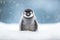 Emperor penguin chick on snowy arctic blue background. Cute polar animal. Christmas cartoon character.