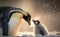An emperor penguin feeding her chick in snow generative AI