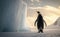 emperor penguin on the ice rock and grazing ice mountain in Antarctica, generative AI